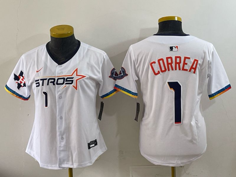 Women 2025 Houston Astros #1 Correa White Four generations Joint Name Nike MLB Jersey style 06